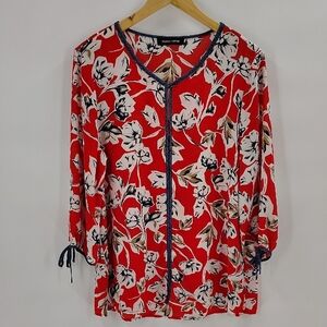 Ivanka Trump Blouse Size XL Red Blue Floral Denim Trim Lightweight